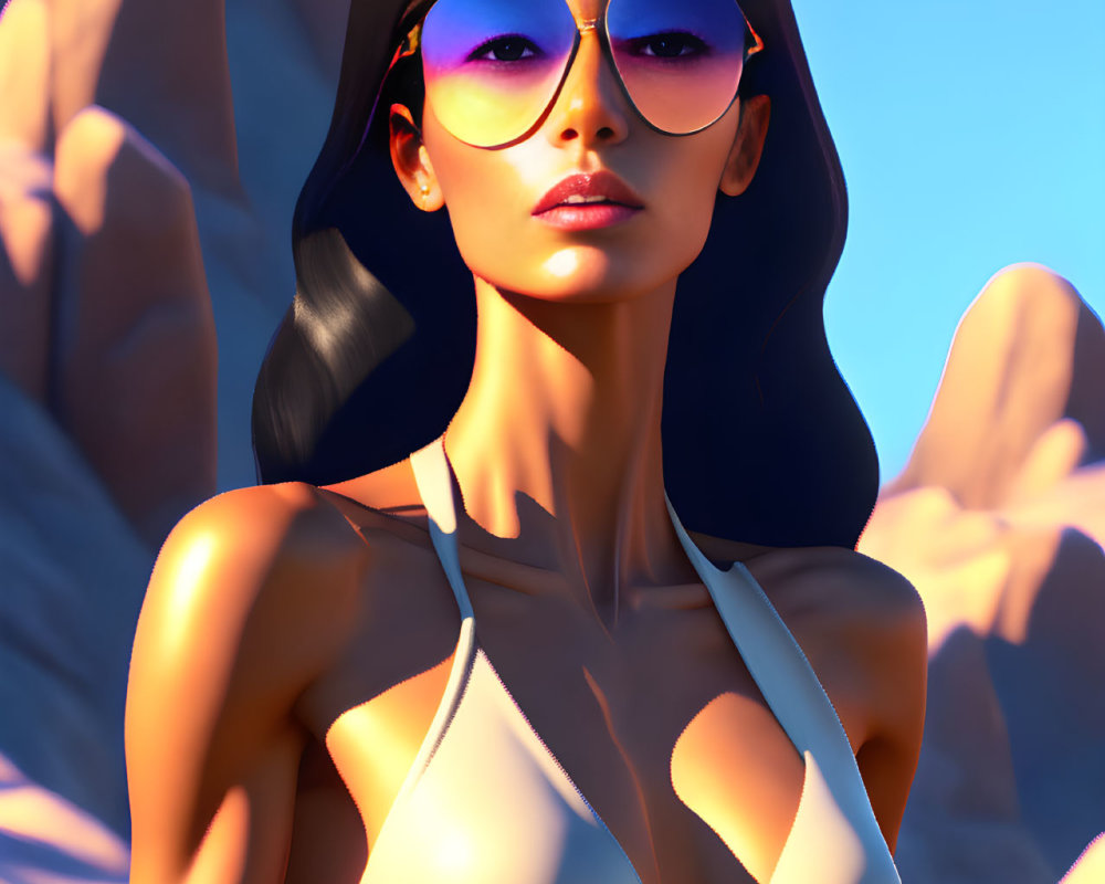 Stylized 3D animated female character with dark hair in sunglasses against rock formations