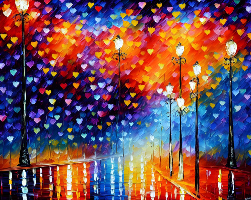 Colorful Rainy Street Scene with Heart-shaped Leaves and Street Lamps