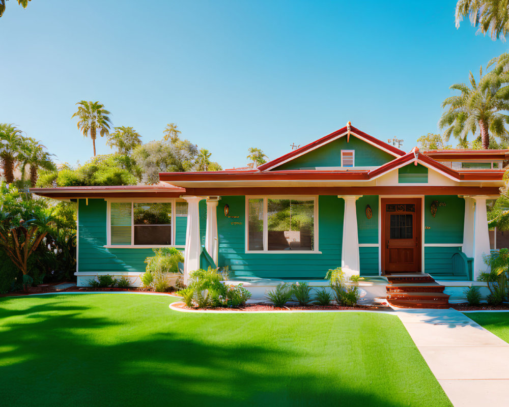 Teal single-story house with red roof and palm trees in the background