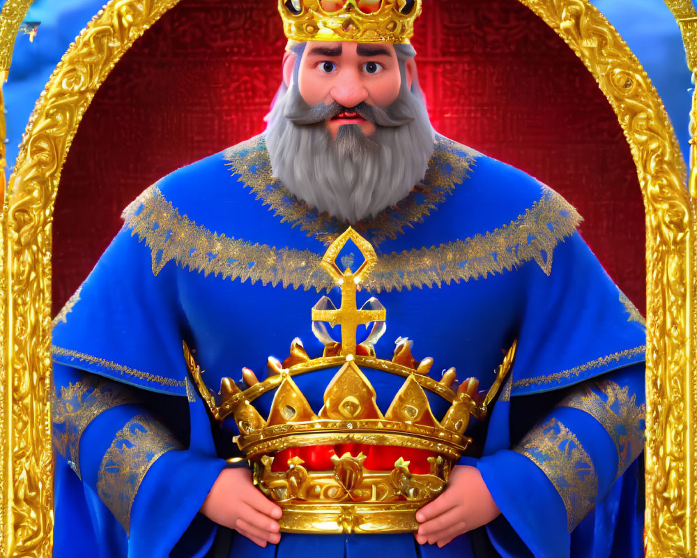 Cartoon king with bushy mustache in blue robe and golden crown under ornate arch