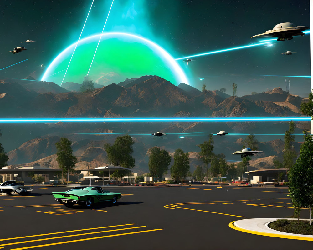 Futuristic parking lot with flying vehicles and green aurora above mountainous landscape