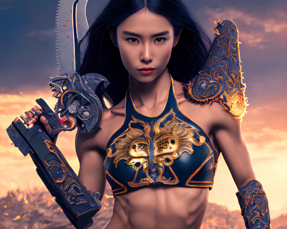 Warrior woman with arm cannon, ornate armor, and toothed blade in dramatic setting