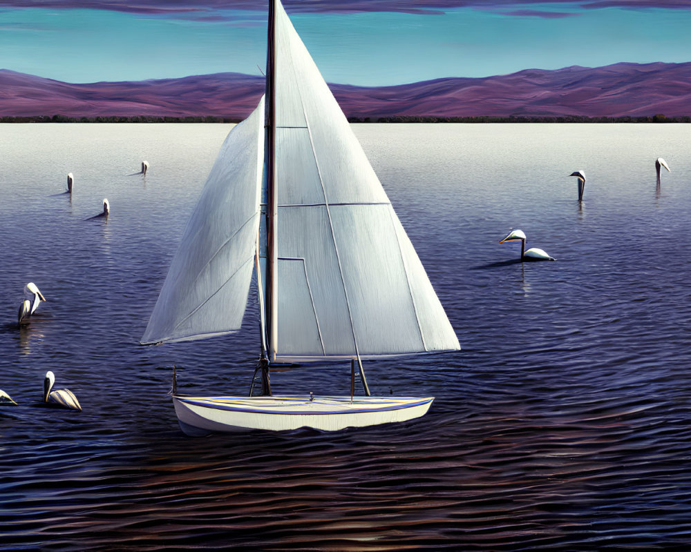 Sailboat with swans on water near hills and blue sky