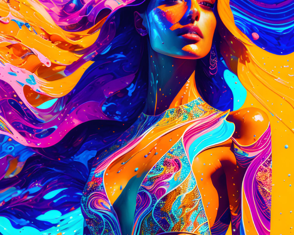 Colorful digital artwork of woman with flowing hair in neon hues