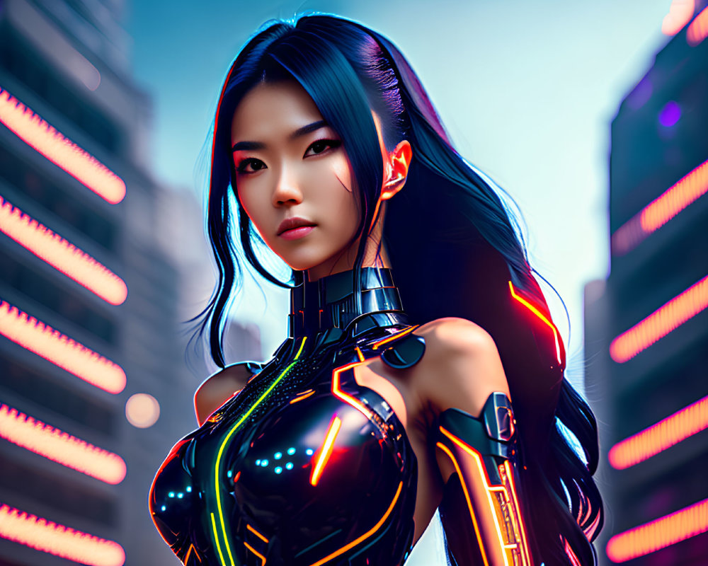 Cybernetic woman in neon-lit armor in futuristic cityscape.