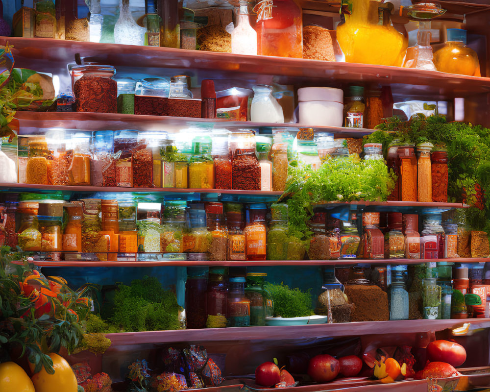 Assorted spices in jars on wooden shelves with fruits and greenery
