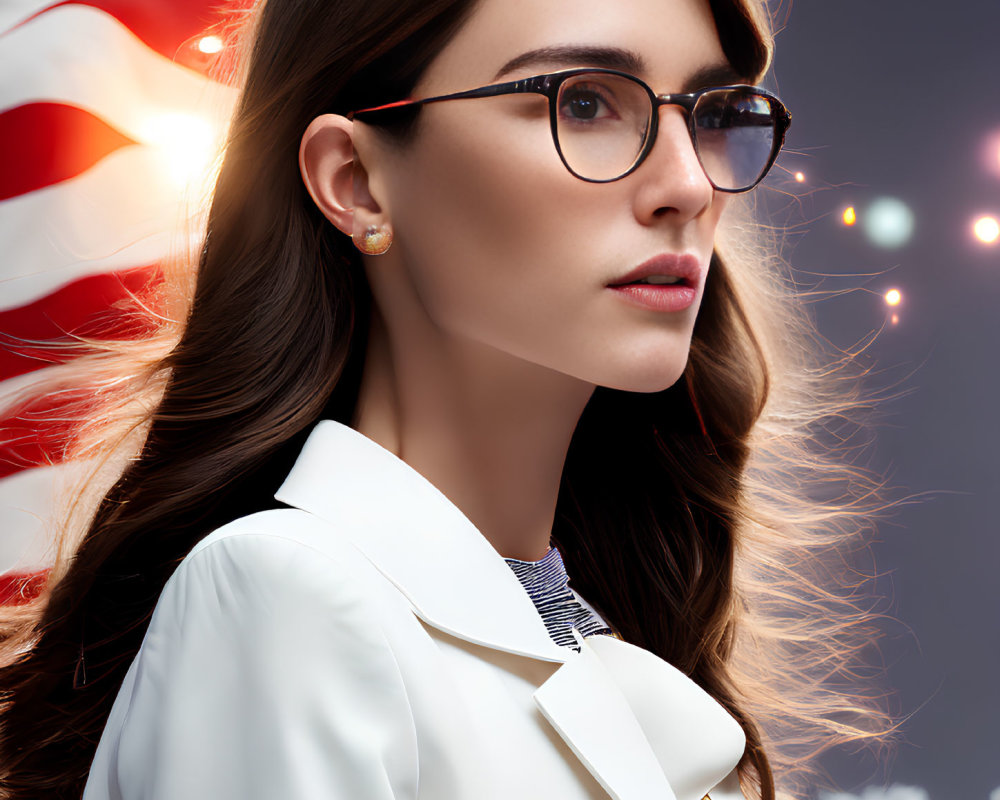 Professional woman in glasses with white blazer against American flag
