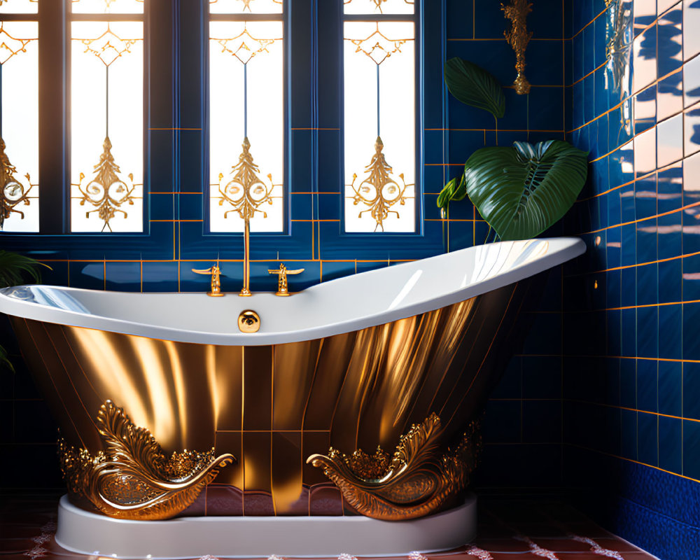 Luxurious Bathroom with Gold-Accented Bathtub & Ornate Decorations