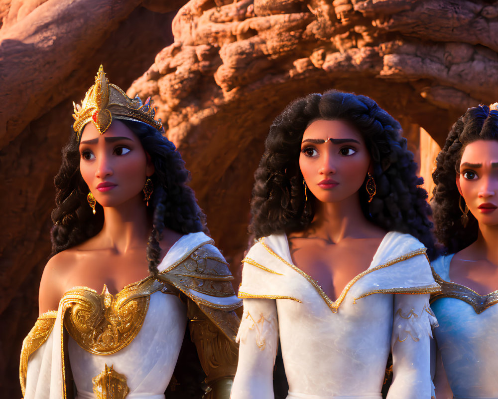 Three Dark-Haired Female Characters in Regal Attire Standing Together