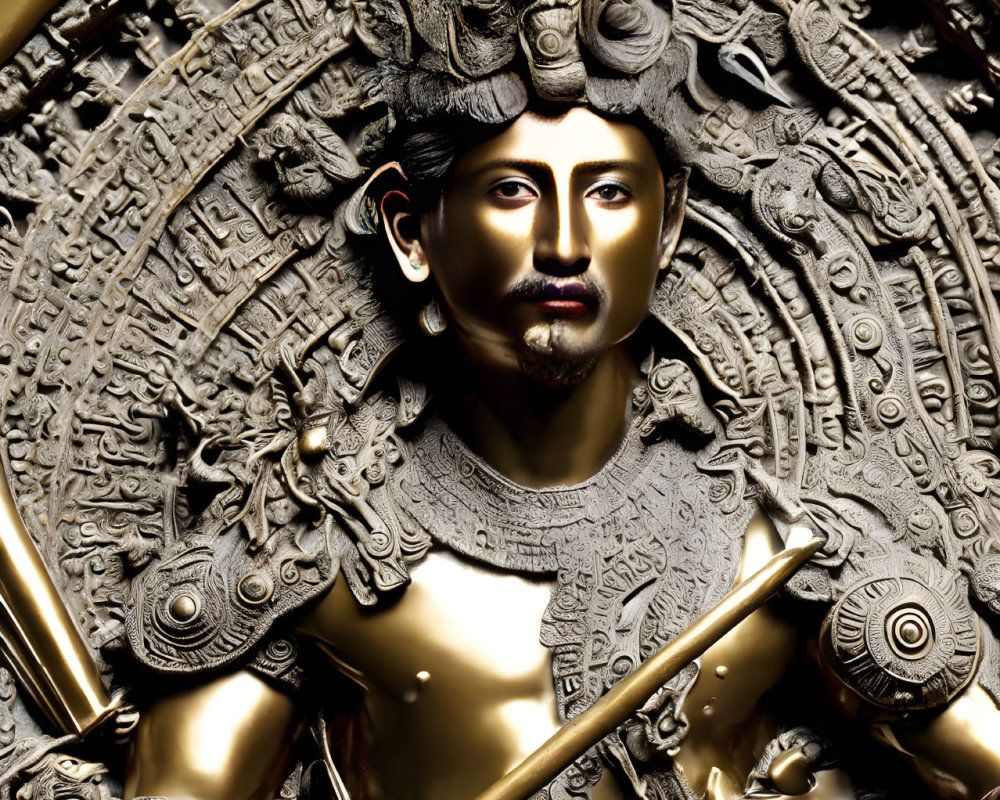 Intricate Golden Statue of Male Figure with Halo and Staff