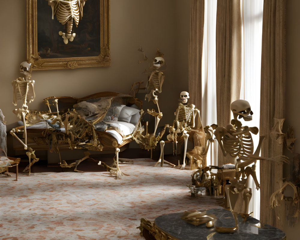 Skeletons in classical room engage in human activities.