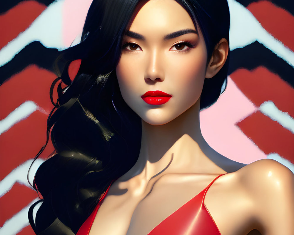 Illustrated portrait of woman with long black hair and red lips in red top on zigzag background