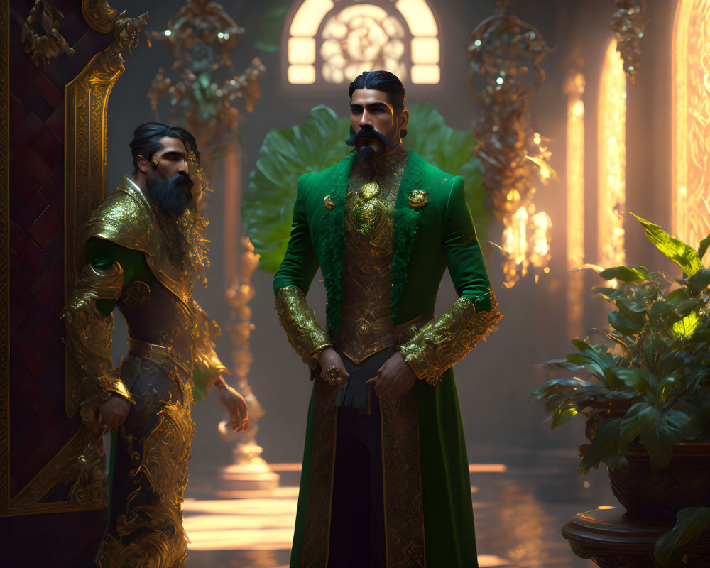 Men in ornate green and gold robes in grand sunlit hall with intricate designs.