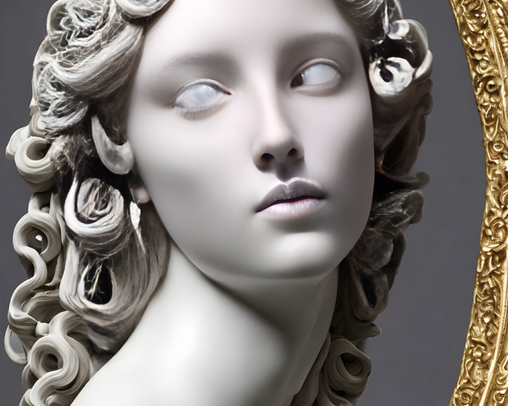 Classical marble-like bust of serene woman with intricate curly hair in ornate golden oval frame