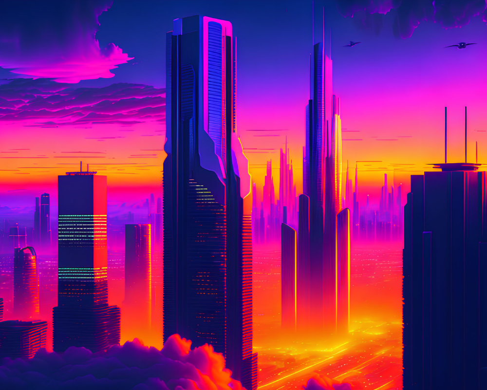 Vibrant cyberpunk cityscape at sunset with skyscrapers, neon lights, and flying vehicles