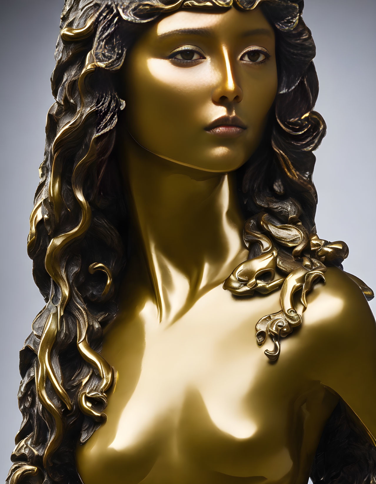 Intricately detailed golden statue of a serene woman