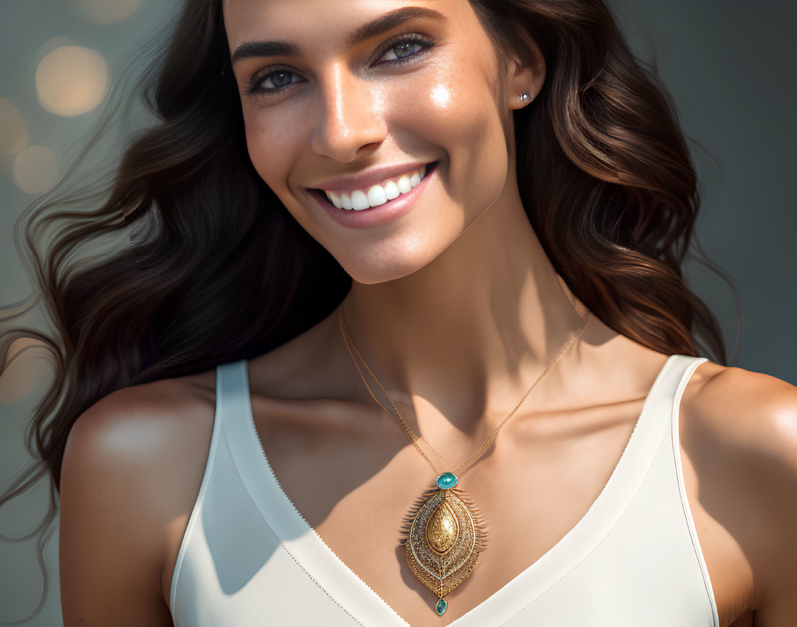 Smiling woman in white top with ornate necklace and bokeh lights