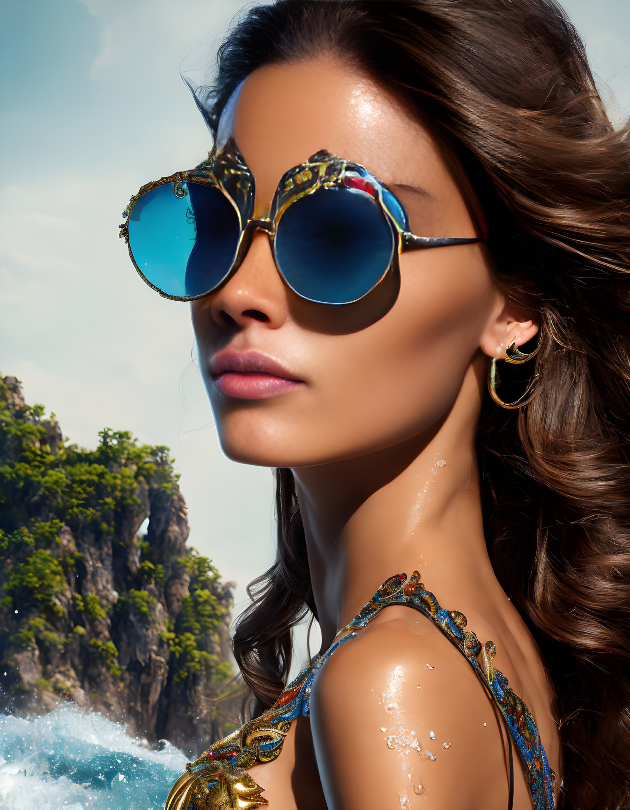 Woman modeling sunglasses with tropical seascape reflection and wavy hair.