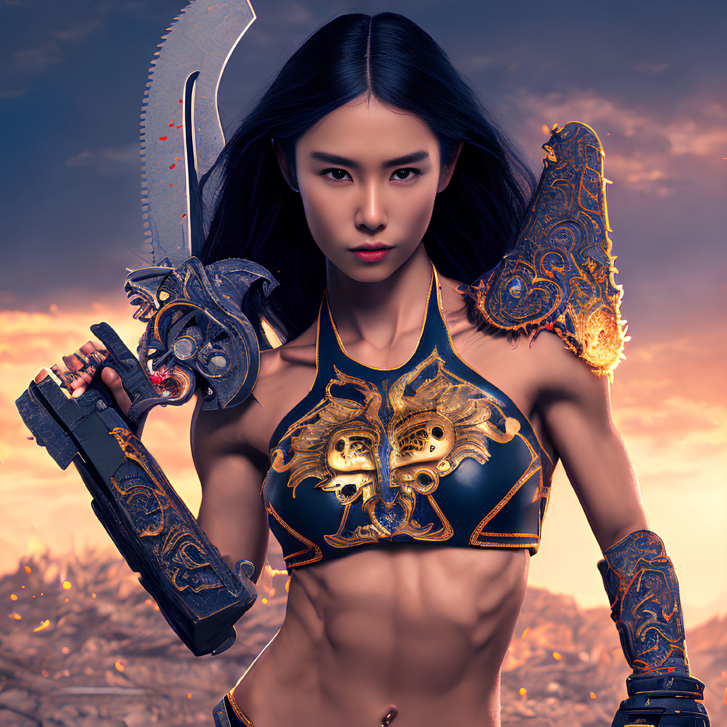 Warrior woman with arm cannon, ornate armor, and toothed blade in dramatic setting