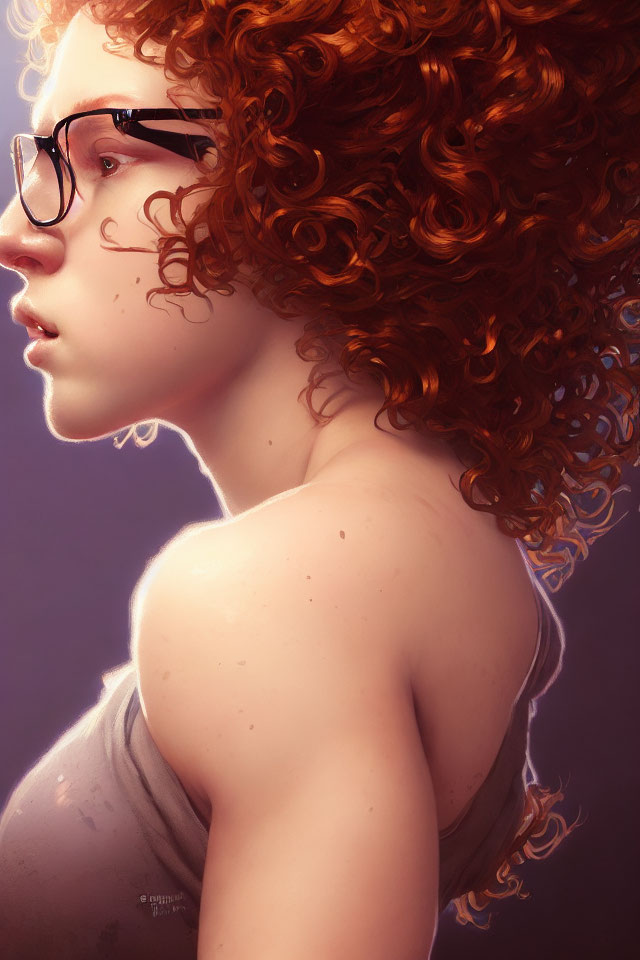 Person with Curly Red Hair and Glasses in Warm Lighting