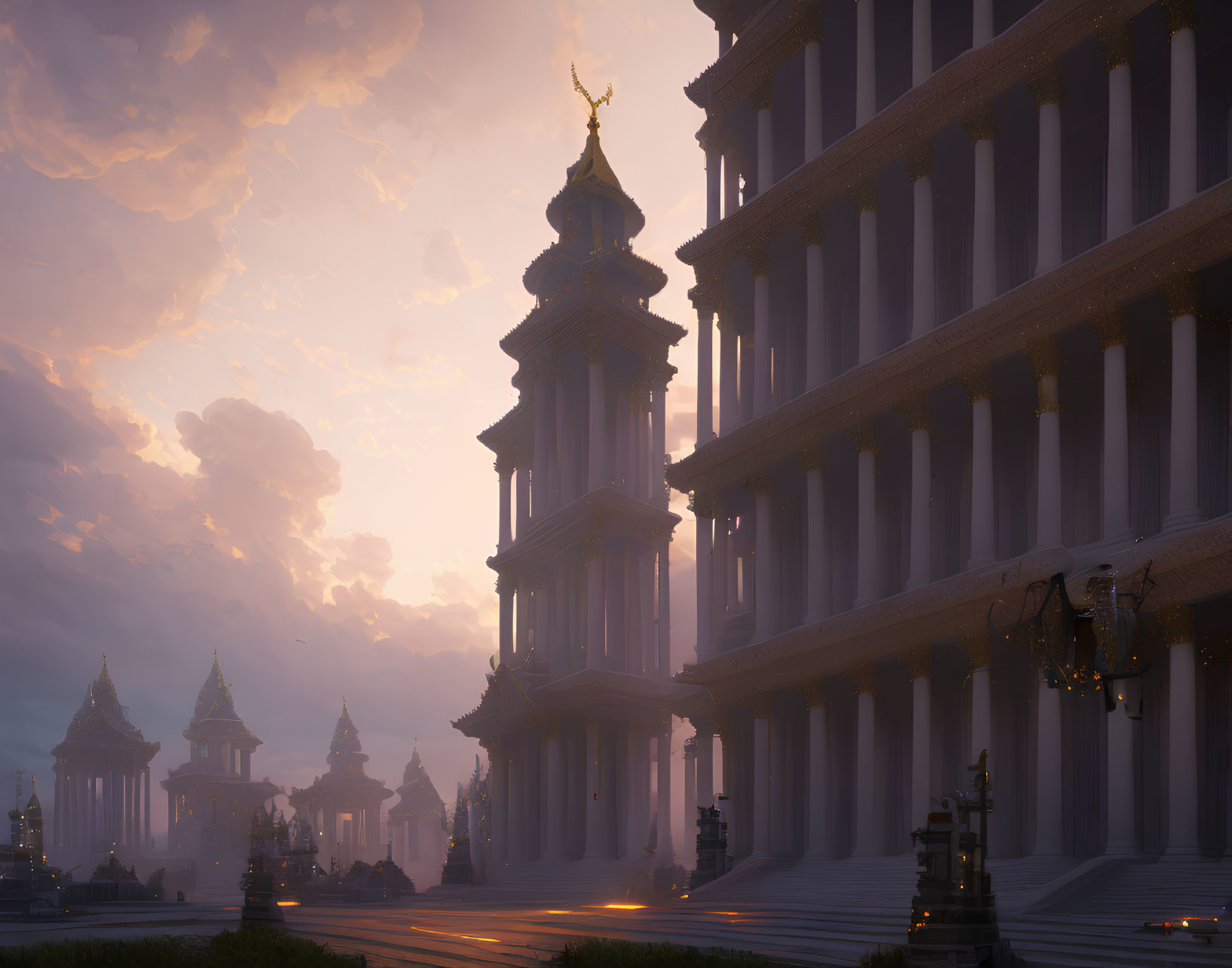 Majestic fantasy architecture with towering spires and golden accents