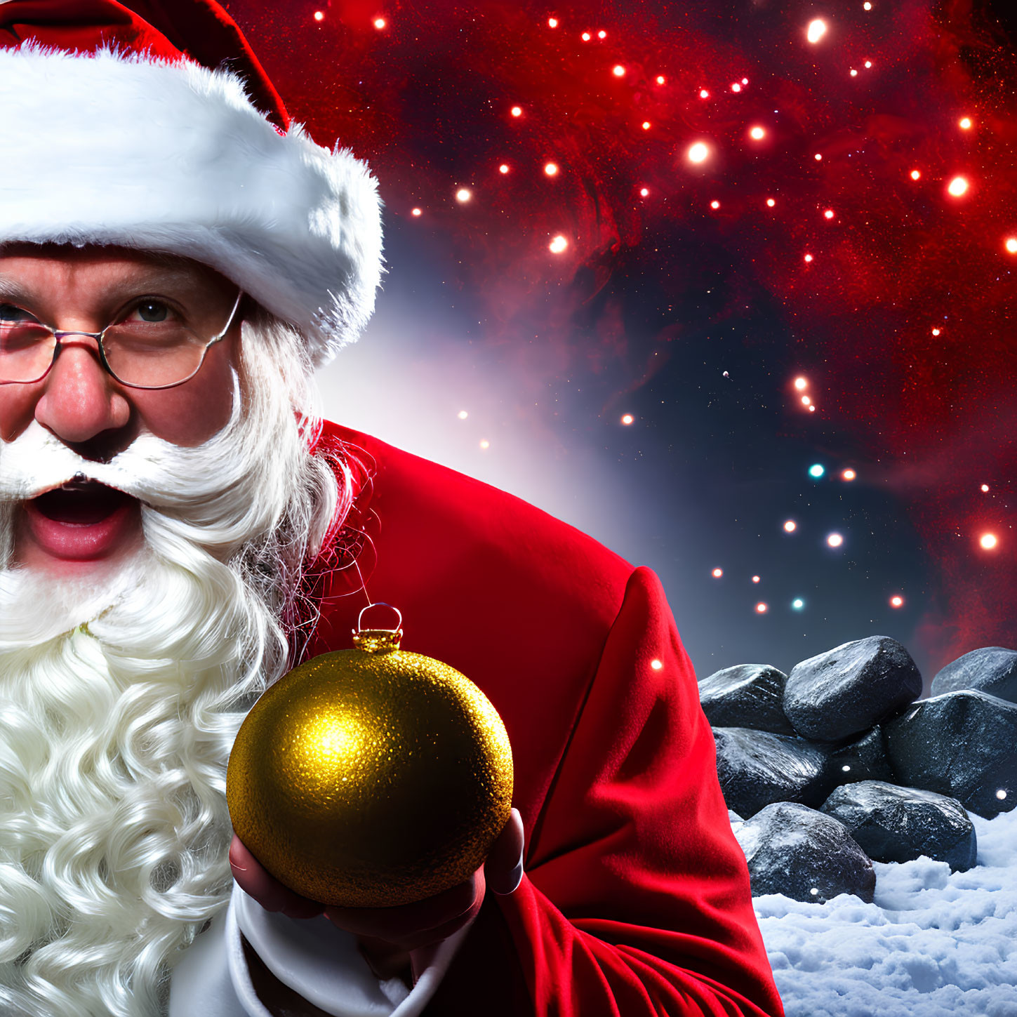 Festive Santa Claus with Golden Bauble in Cosmic Winter Scene