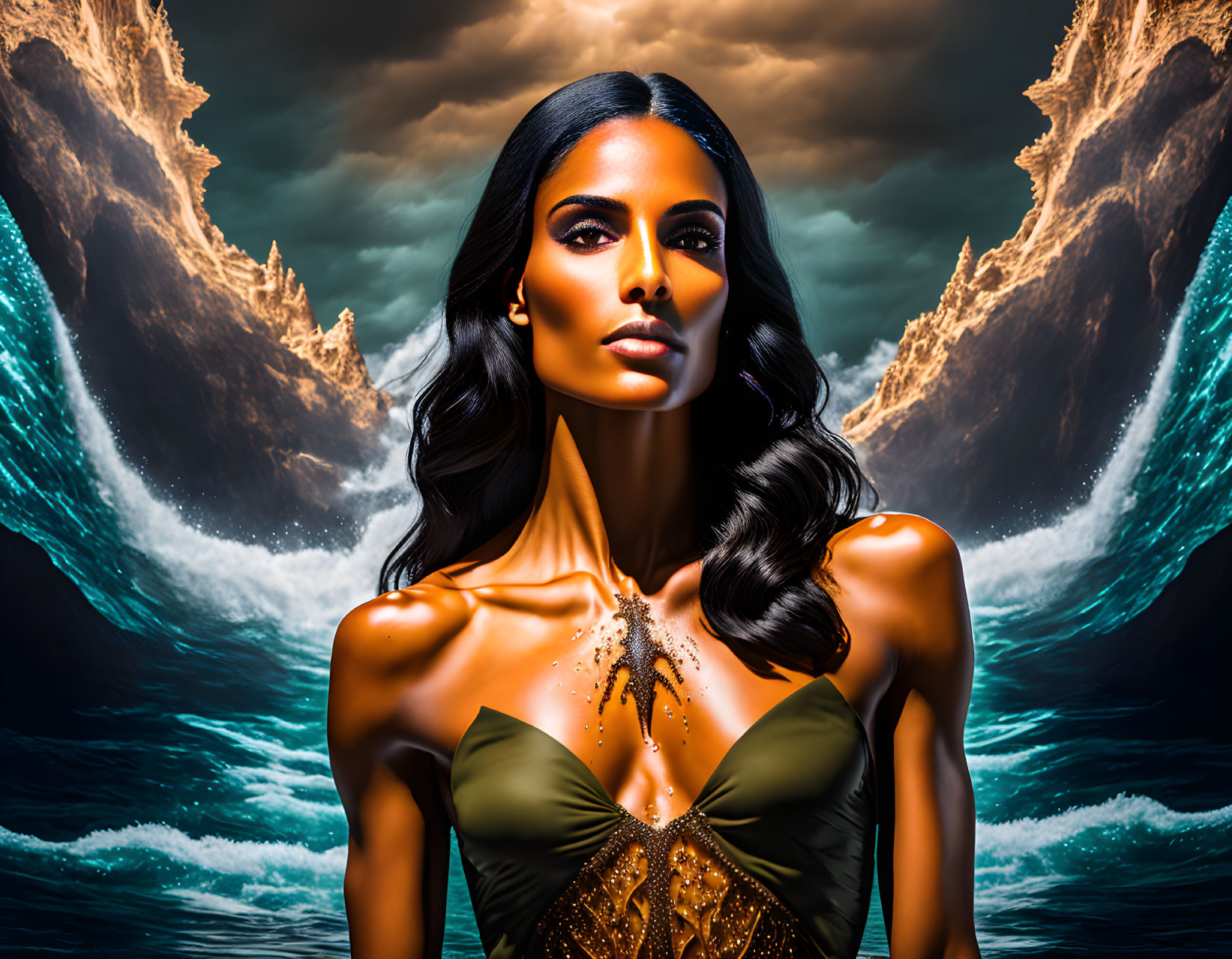 Portrait of woman with glossy hair and golden body art against dramatic ocean backdrop
