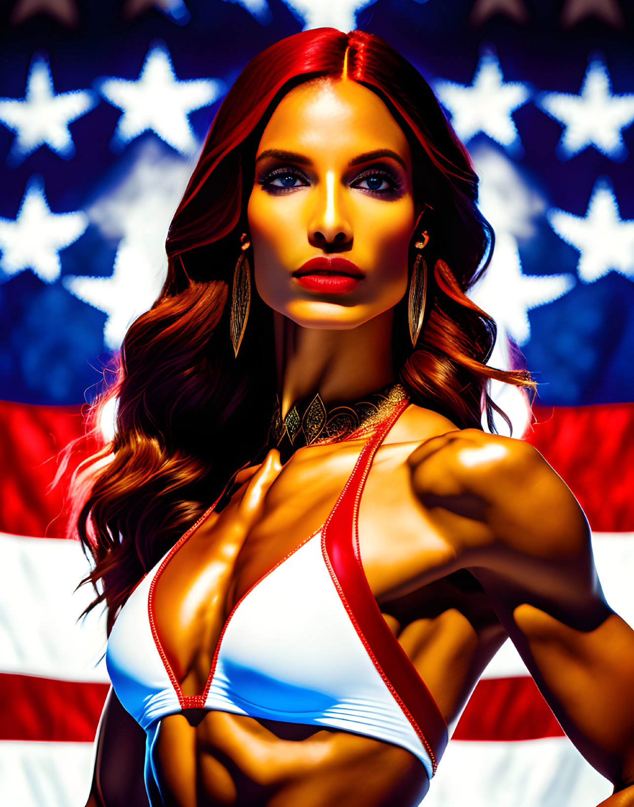 Stylized portrait of woman with flowing hair in patriotic attire