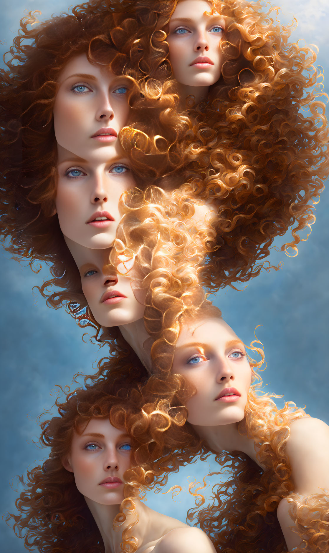 Group of Women with Red Curls and Blue Eyes on Soft Blue Background