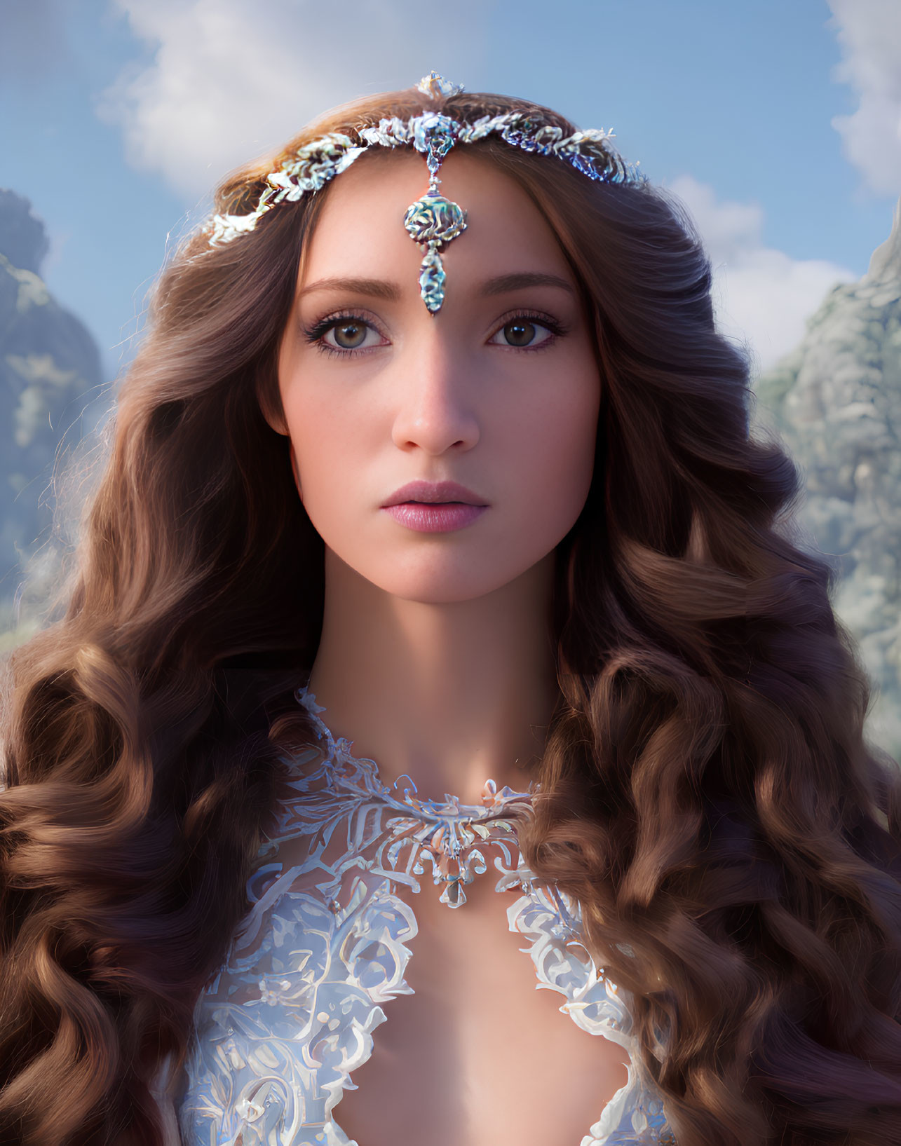 Portrait of young woman with brown hair and ornate headpiece against blue skies and rugged cliffs