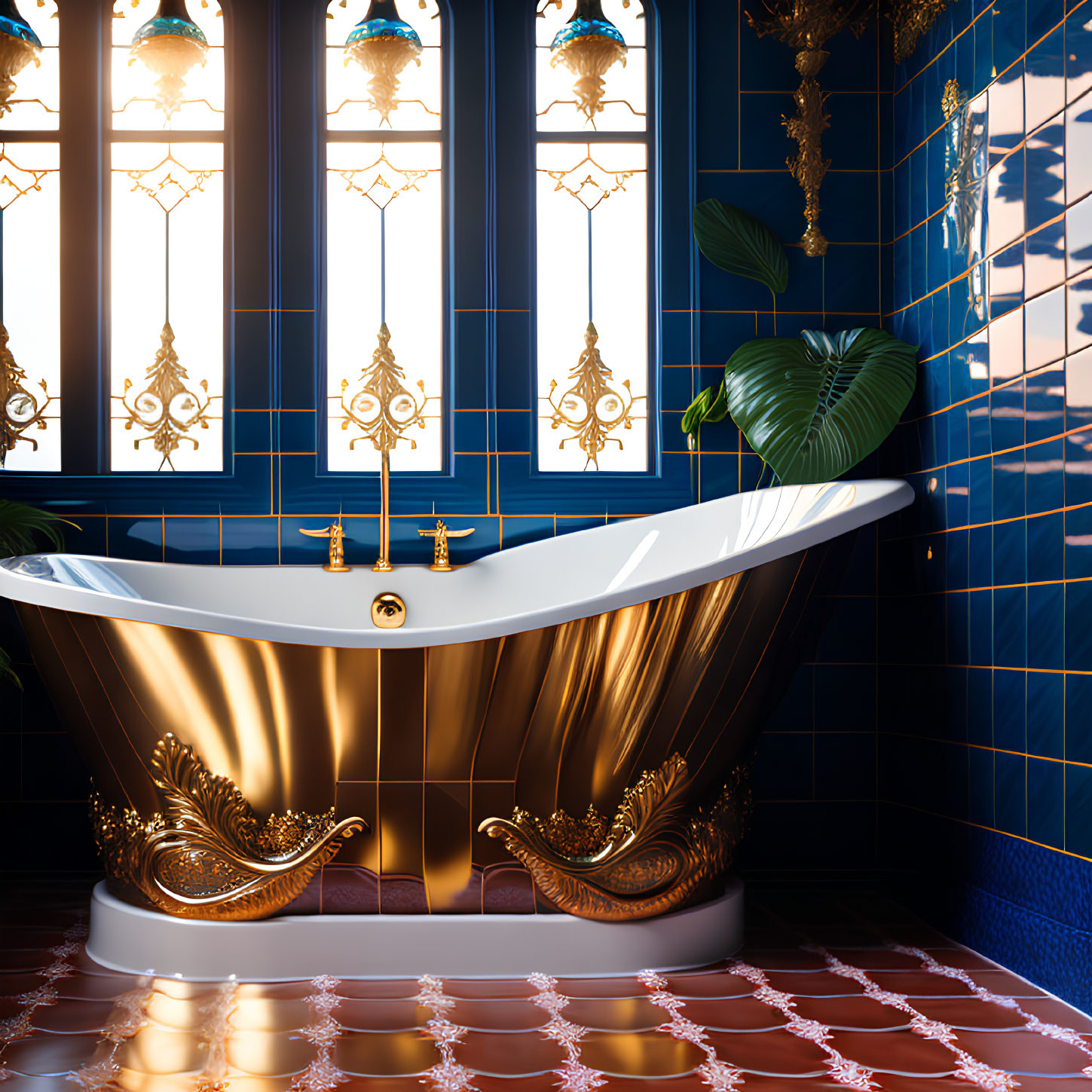 Luxurious Bathroom with Gold-Accented Bathtub & Ornate Decorations