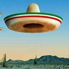 UFOs Flying Over Desert with Cacti and Blue Sky