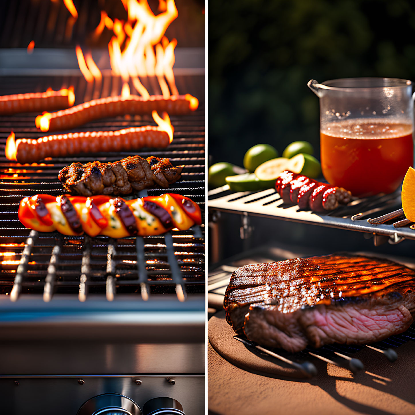 BBQ Collage with Sausages, Skewers, Seared Steak, and Citrus