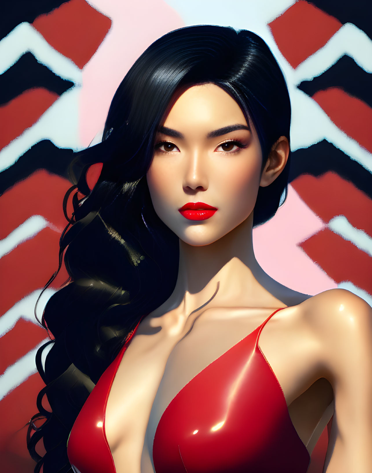 Illustrated portrait of woman with long black hair and red lips in red top on zigzag background