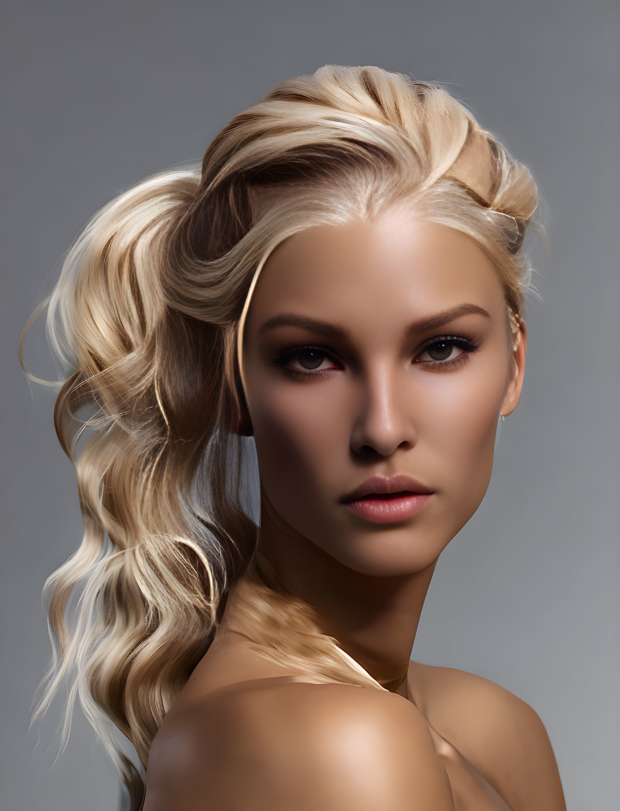 Blonde Woman with Loose Hairstyle and Subtle Makeup on Grey Background