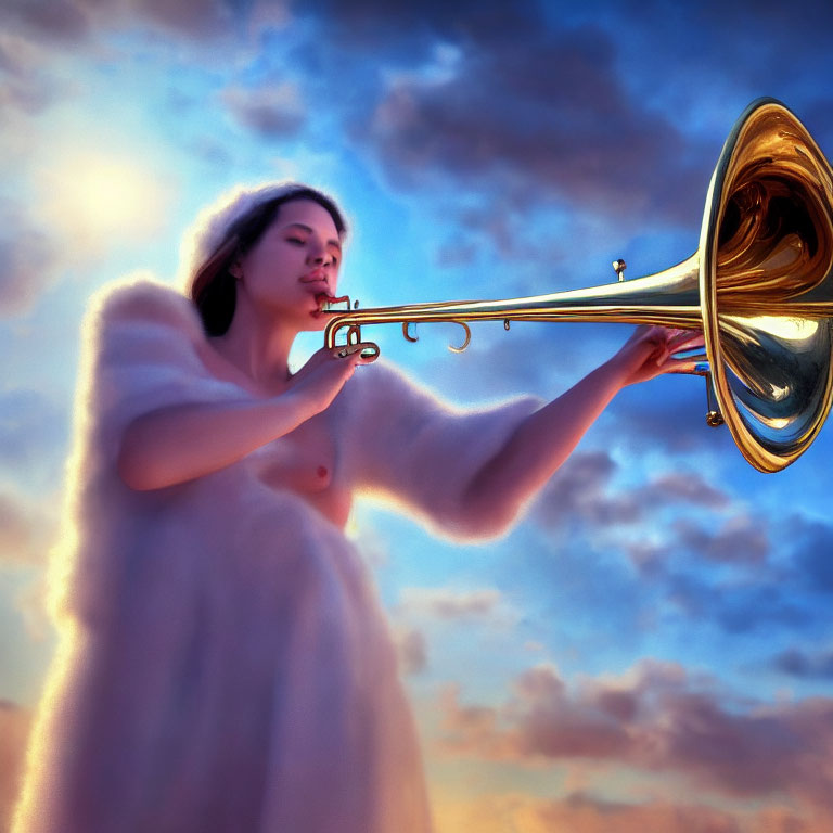 Woman in white outfit plays trombone under vibrant dusk sky