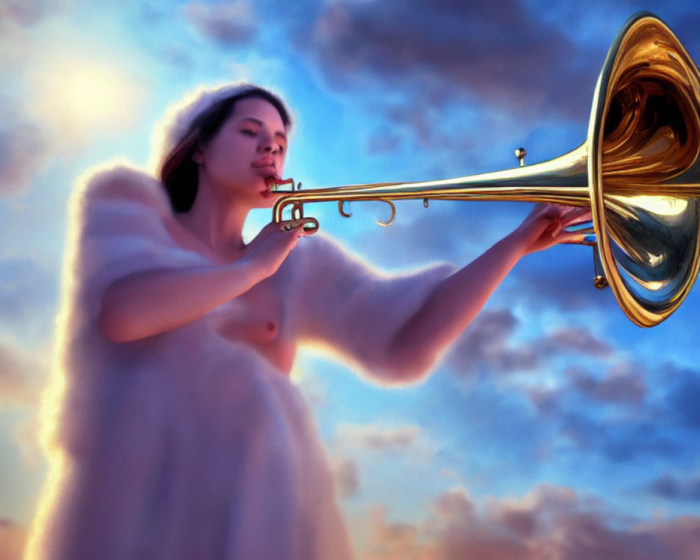 Woman in white outfit plays trombone under vibrant dusk sky