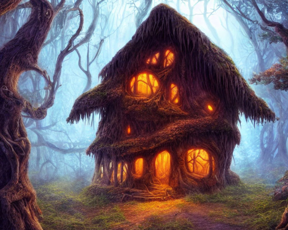 Misty Forest Cottage with Glowing Windows and Twisted Trees