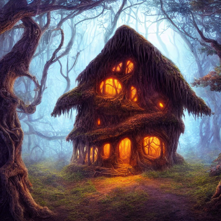Misty Forest Cottage with Glowing Windows and Twisted Trees