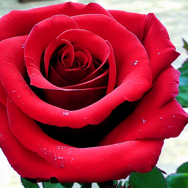 Vibrant red rose with delicate petals and water droplets.