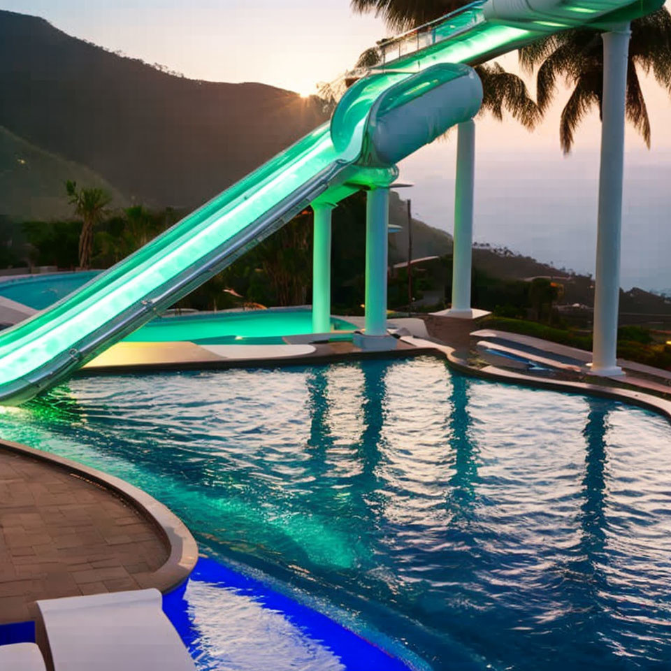 Tranquil swimming pool with lit pool slide at dusk