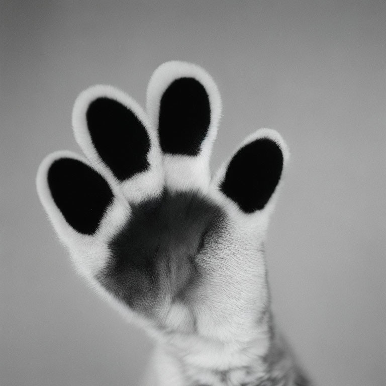 Detailed Black and White Close-Up of Cat's Paw with Paw Pads and Fur