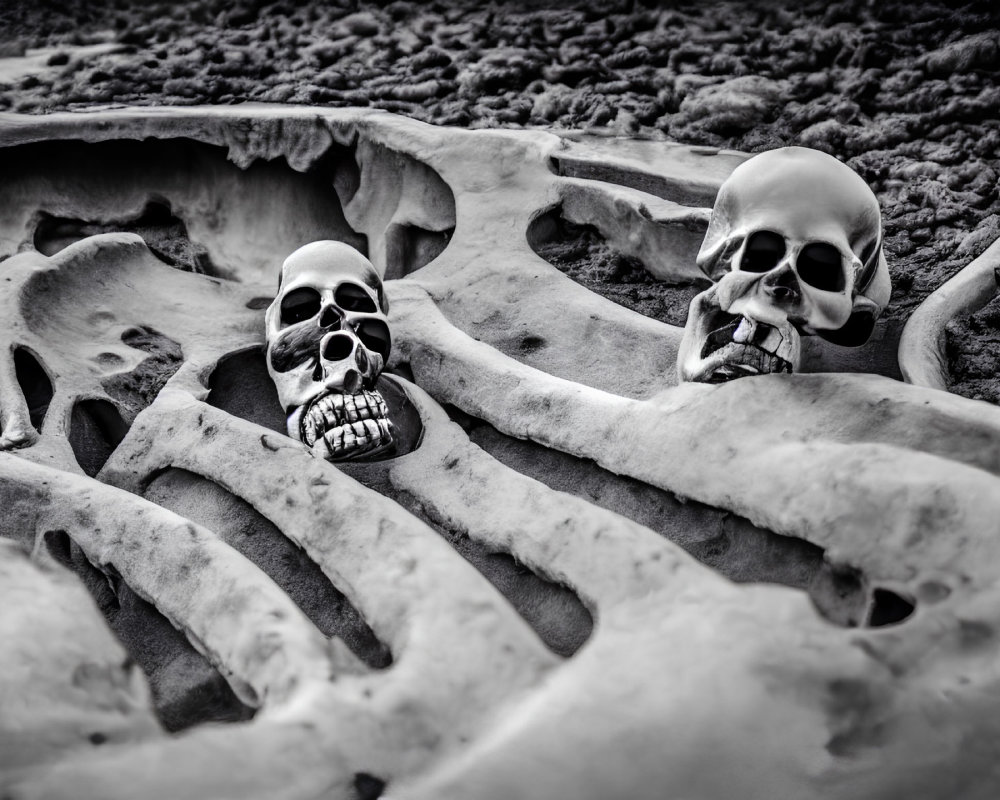 Artistic black and white photo of two human skulls on bone structures