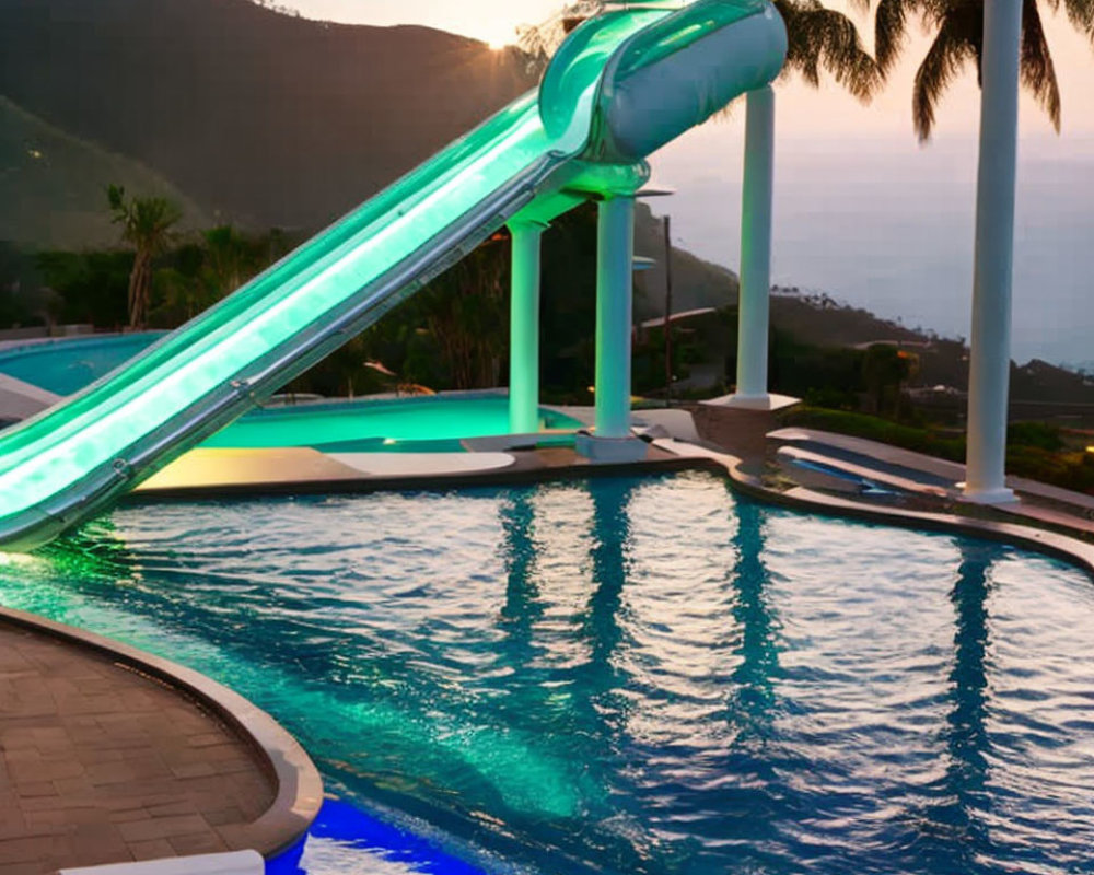 Tranquil swimming pool with lit pool slide at dusk