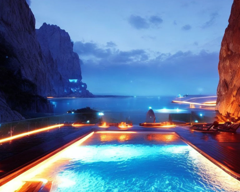 Illuminated pool on wooden deck with coastal cliffs view