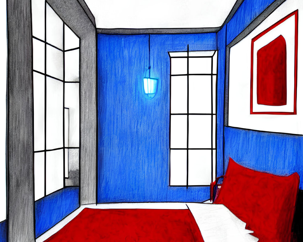 Vivid room with blue walls, red bed, and colorful artwork