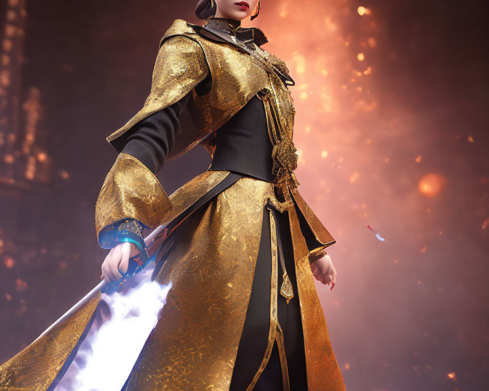 Majestic woman in gold and black outfit wields glowing blue sword