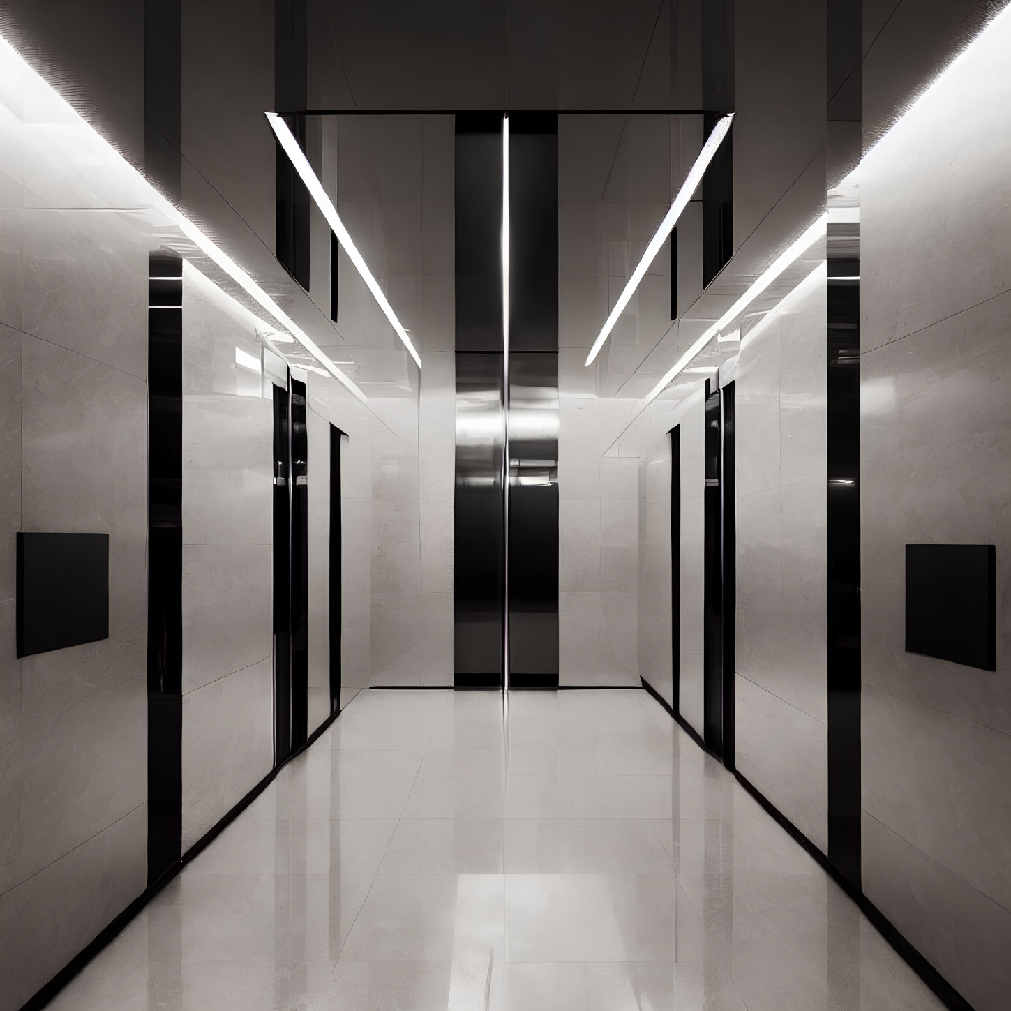 Contemporary elevator lobby with geometric LED lighting, mirrored surfaces, and glossy marble floor
