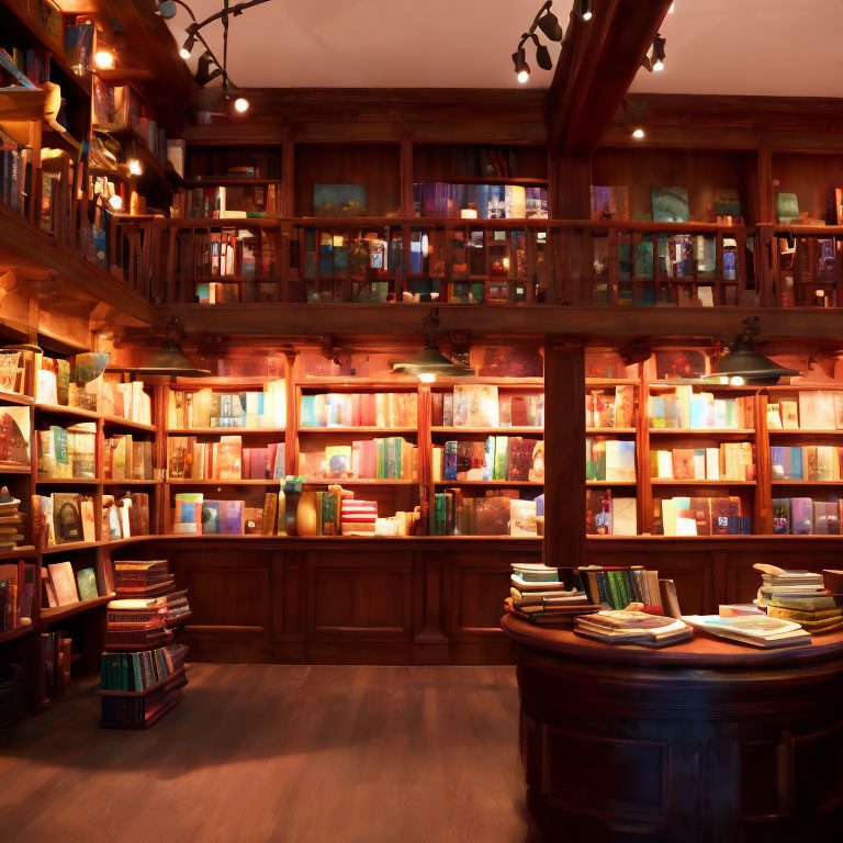Cozy Bookstore Interior with Wooden Shelves & Mezzanine Level