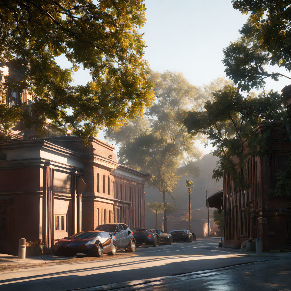 Urban street at sunrise with light rays, parked cars, and historical buildings